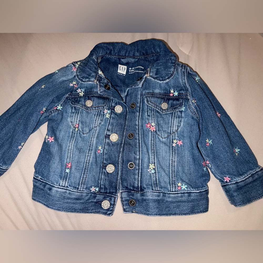 GAP Blue and Pink Jean Jacket with Floral Embroidery